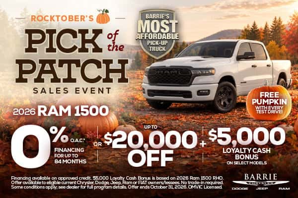 2026 Ram 1500 0% Financing For Up To 84 Months O.A.C.* OR Up To $20,000 Off + $5,000 Loyalty Cash Bonus On Select Models FREE Pumpkin With Every Test Drive!